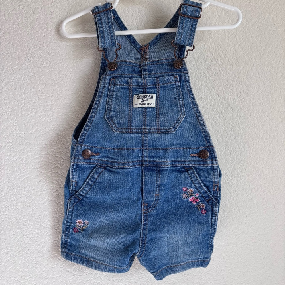 OshKosh B'gosh Kids Blue Denim Overall shorts with Floral Embroidery 18 months